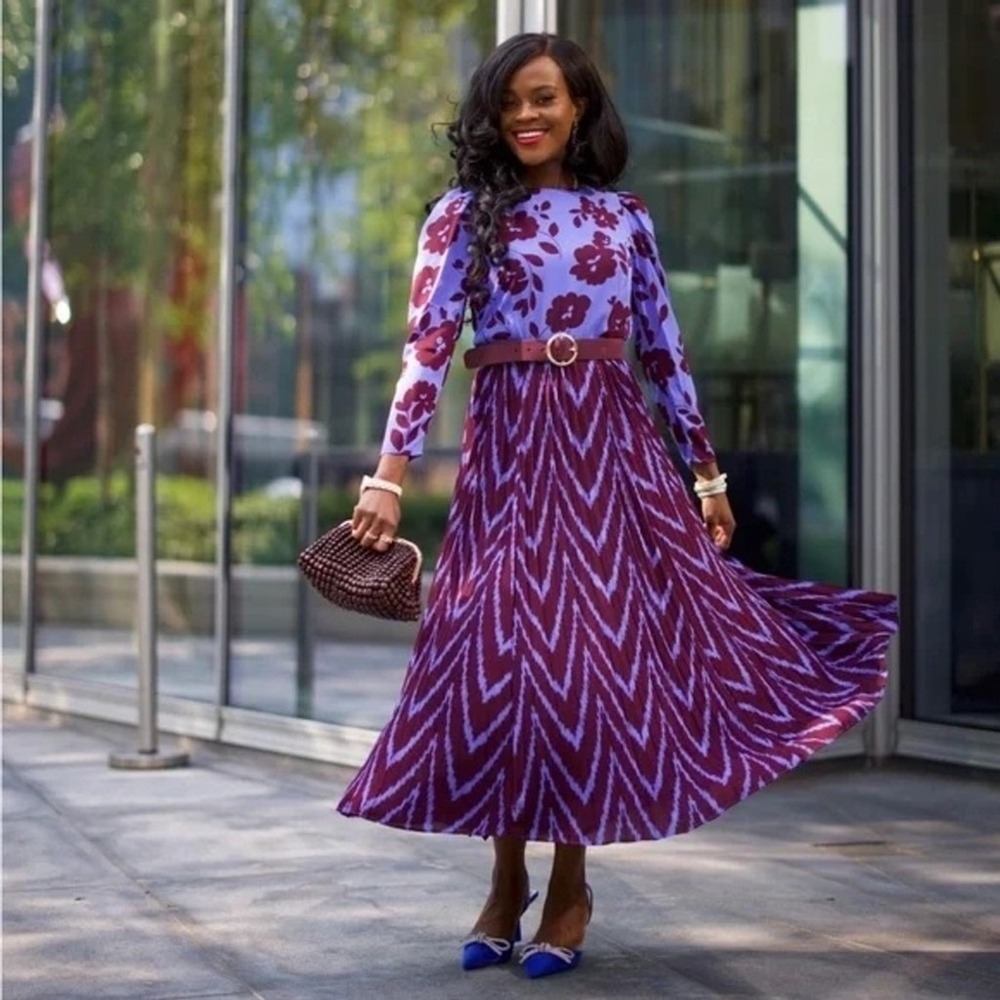 ANN TAYLOR Petite Floral Ikat Pleated Flare Dress In Plum Rose 0P
